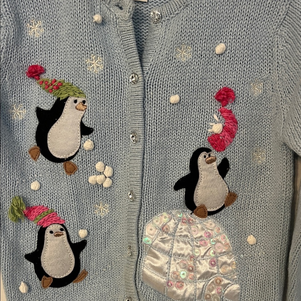 Savannah Kids' Light Blue Penguin Cardigan Sweater - Picture 3 of 7